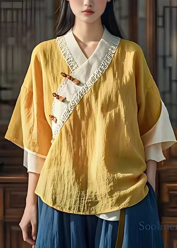 Plus Size Yellow V Neck Button Shirt Fall