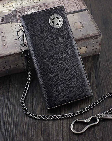 Badass Black Leather Men's Metal Star Long Biker Chain Wallet Bifold Long Wallet with Chain For Men Badass Black Leather Men's Metal Star Long Biker Chain Wallet Bifold Long Wallet with Chain For Men