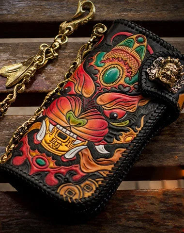 Handmade leather biker trucker wallet monster leather chain men Black Carved Tooled wallet Handmade leather biker trucker wallet monster leather chain men Black Carved Tooled wallet