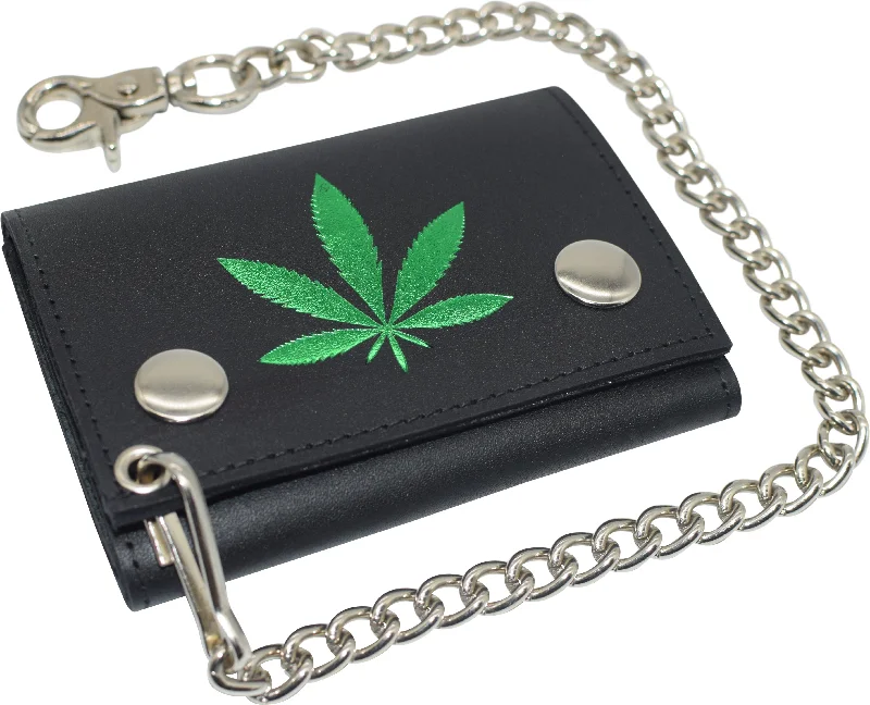 Marijuana Leaf Men's Tri-fold Biker Cowhide Leather RFID Blocking Steel Chain Wallet Snap closure Marijuana Leaf Men's Tri-fold Biker Cowhide Leather RFID Blocking Steel Chain Wallet Snap closure