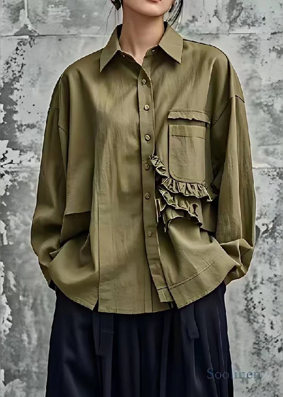 Simple Army Green Ruffled Patchwork Button Tops Fall