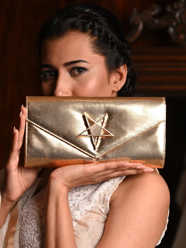 Odette Women Gold Textured Clutch With A Star Brooch