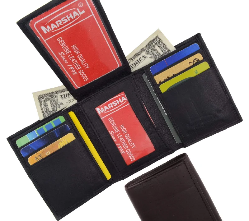 Mens Flap Up ID Trifold Genuine Leather Wallet 1755