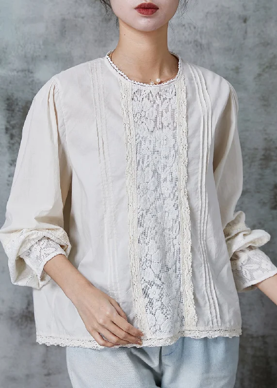 White Patchwork Lace Cotton Shirt Tops Wrinkled Spring