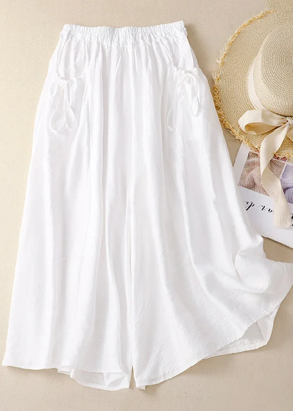 Chic White Elastic Waist Pockets Cotton Wide Leg Pants Summer