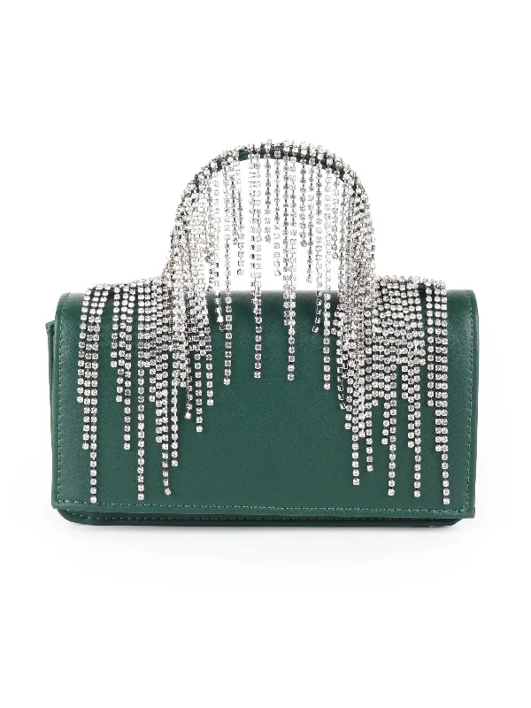 Odette Dark Green Faux Stone Tassels Embellished Clutch For Women