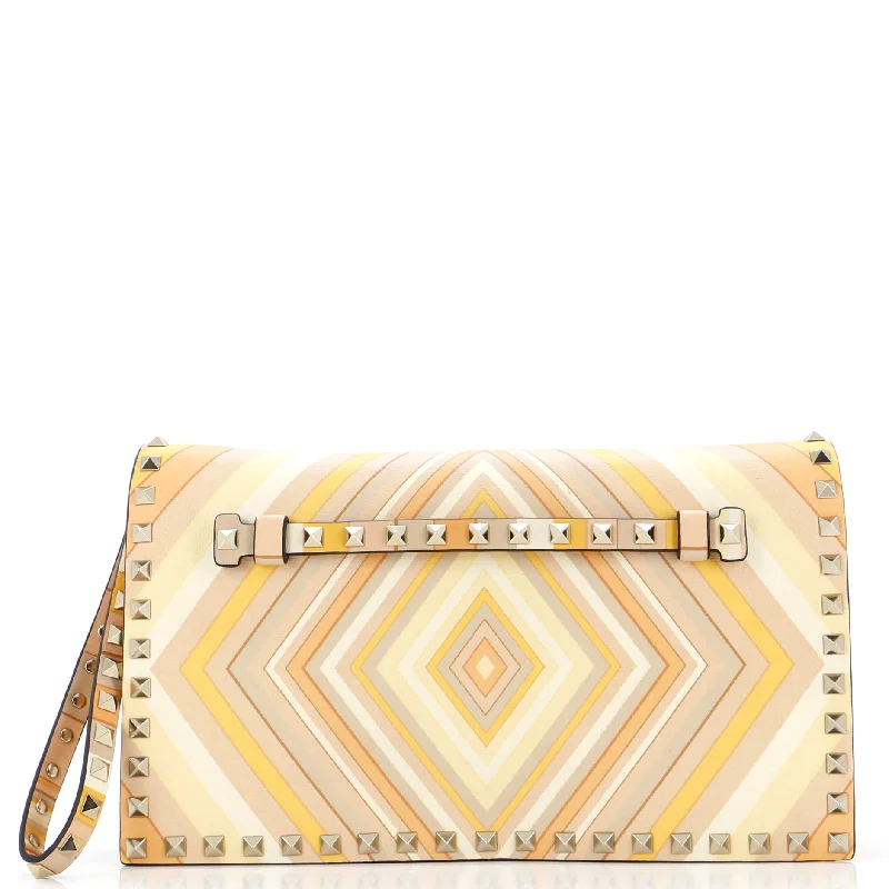 1975 Rockstud Flap Clutch Striped Leather Medium