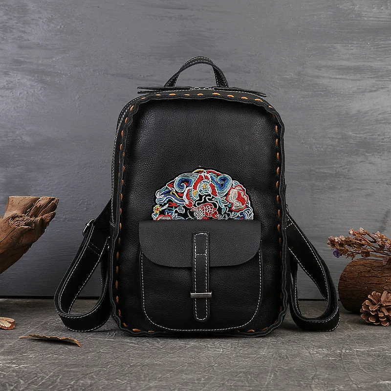 Embroidery Ladies Black Leather Backpack Purse Small Rucksack For Women