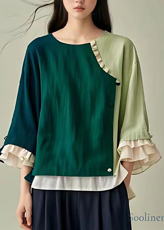 Simple Dark Green O-Neck Ruffled Patchwork Shirt Fall