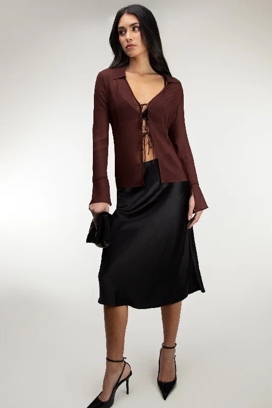 SHEER CHIFFON COLLARED TIE FRONT BLOUSE