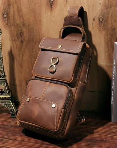 Brown Leather Men's Sling Bag Brown Sling Pack Chest Bags One Shoulder Backpack For Men Brown Leather Men's Sling Bag Brown Sling Pack Chest Bags One Shoulder Backpack For Men