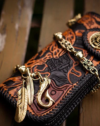 Handmade orange black coffee leather skull guns carved biker wallet Long wallet for men Handmade orange black coffee leather skull guns carved biker wallet Long wallet for men