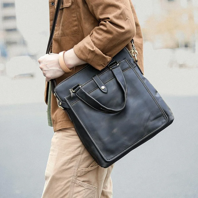 Vintage Black Mens Leather Vertical Briefcases Work Handbag Brown 10'' Computer Briefcases For Men Vintage Black Mens Leather Vertical Briefcases Work Handbag Brown 10'' Computer Briefcases For Men