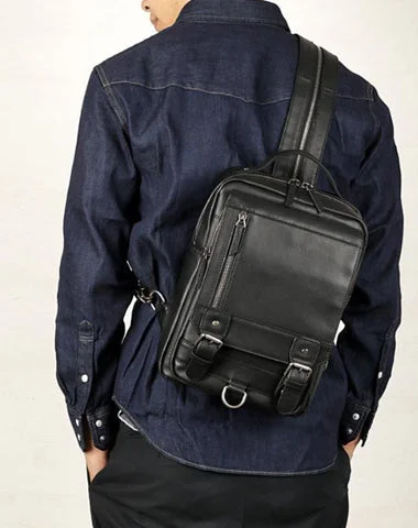Black Leather Men's 10 inches Sling Bag Computer Backpack Black Travel Backpack Black Sling Pack For Men Black Leather Men's 10 inches Sling Bag Computer Backpack Black Travel Backpack Black Sling Pack For Men