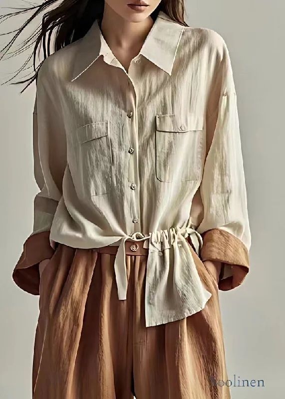 Style Apricot Peter Pan Collar Wrinkled Drawstring Shirt Fall