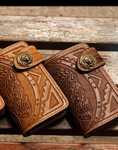 Handmade brown leather indian skull carved biker wallet bifold billfold wallet for men Handmade brown leather indian skull carved biker wallet bifold billfold wallet for men