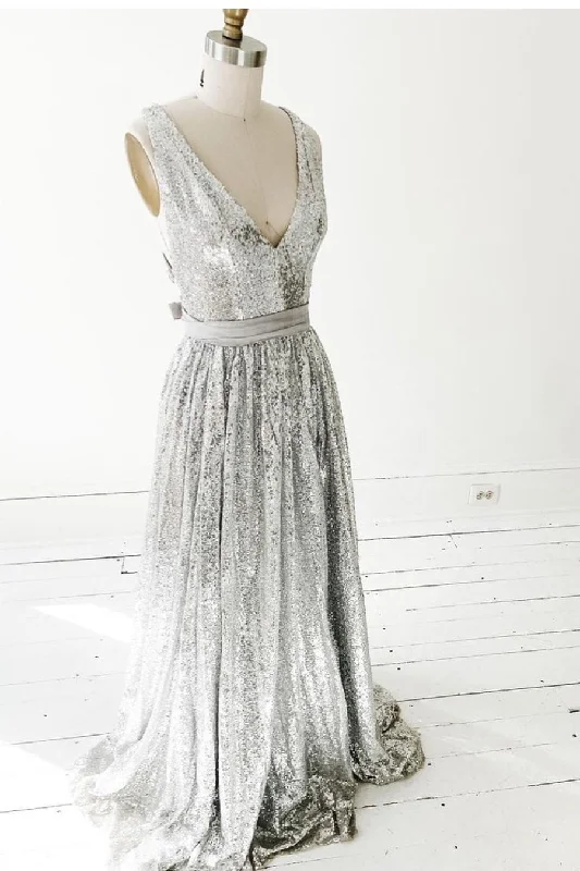 A-line Silver Sequin Prom Dresses with V-neckline