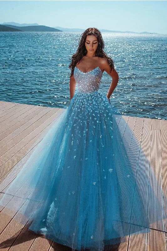 Curved Strapless Blue Prom Dresses Sequins Formal Gown