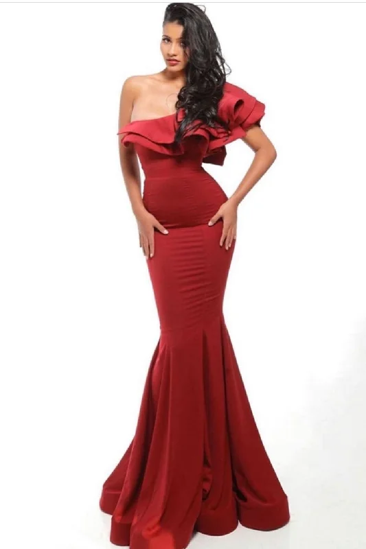 Red Mermaid Evening Gown with Flounced One-shoulder
