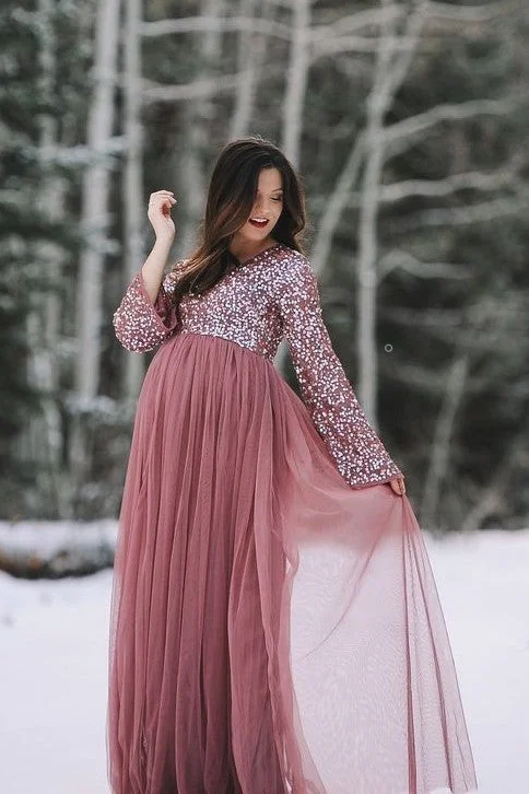 Sequin Tulle Long-sleeves Baby Shower Gown for Maternity