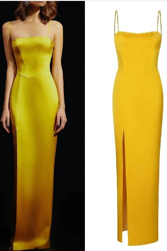 Spangetti Straps Yellow Long Prom Dress with Split