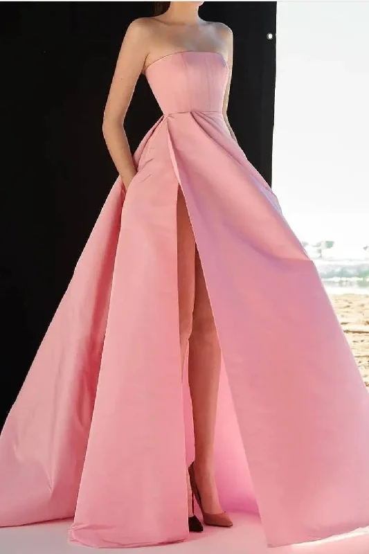 Strapless Satin Pink Prom Gowns with Pockets