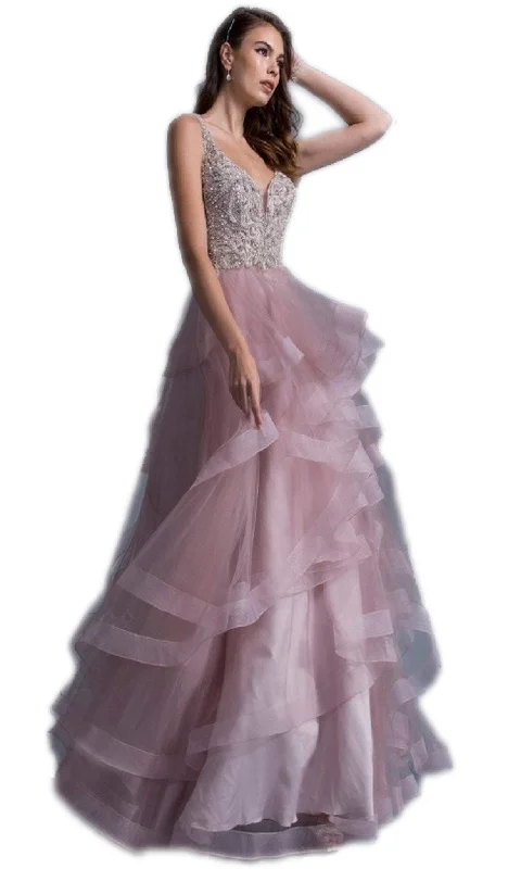 Aspeed Design - Bedazzled V-neck Ruffled A-line Simple Prom Dress